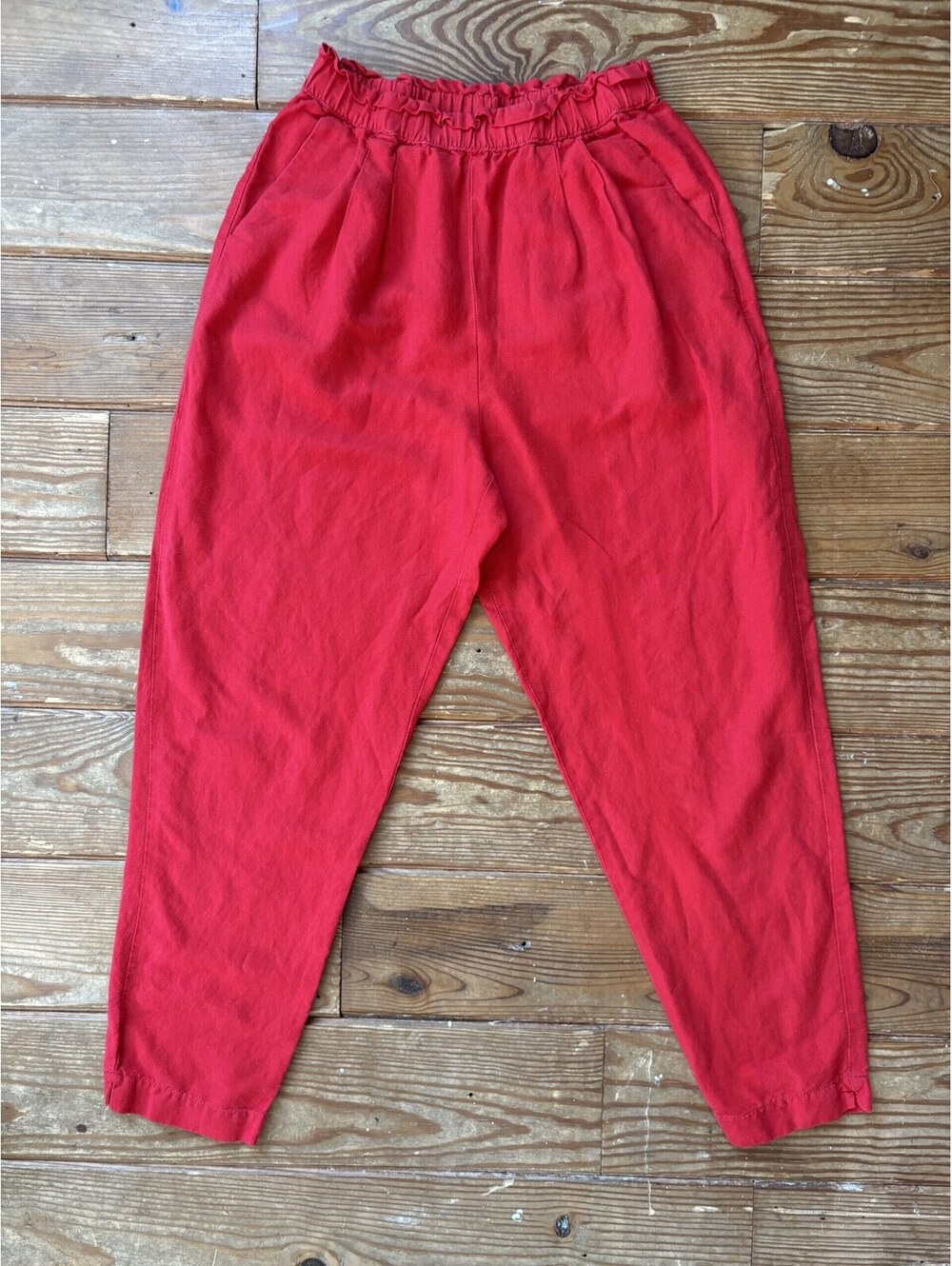 Oysho XS Red Linen Blend High Rise Tapered Pull On Pants